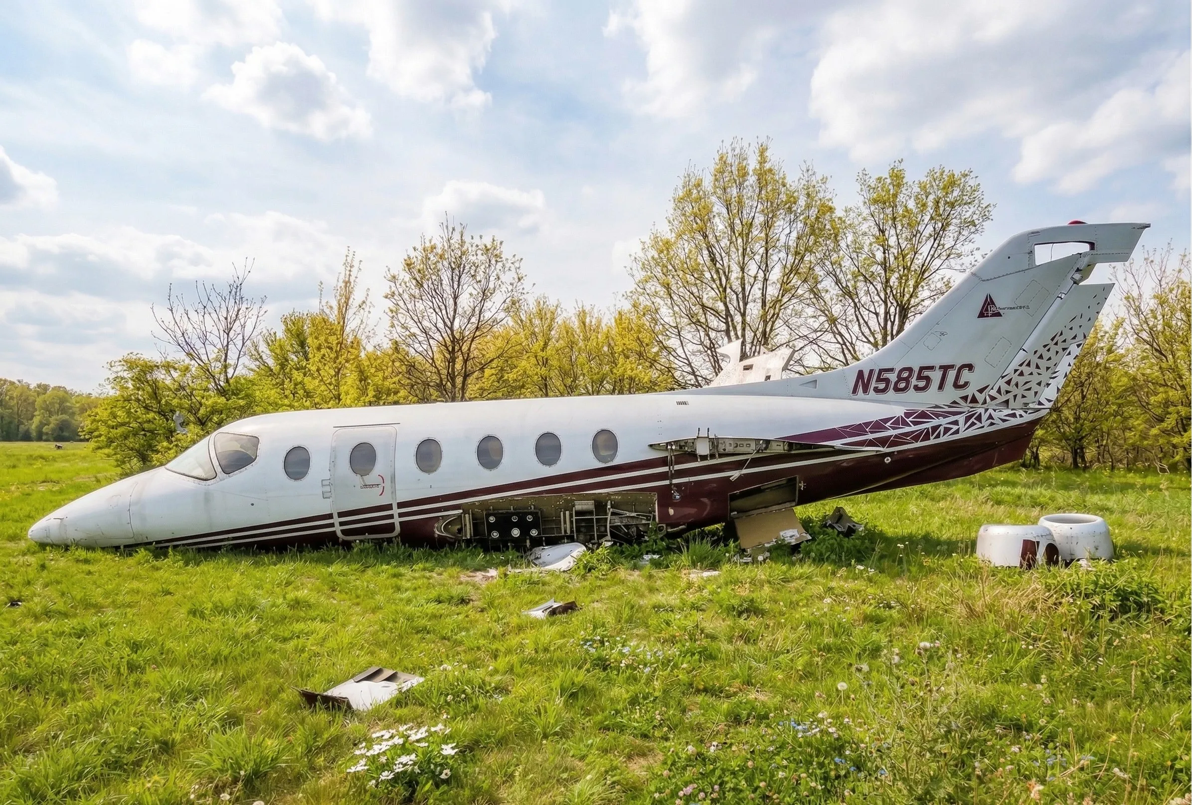 The white and burgundy aircraft fuselage resting in a grassy field.
